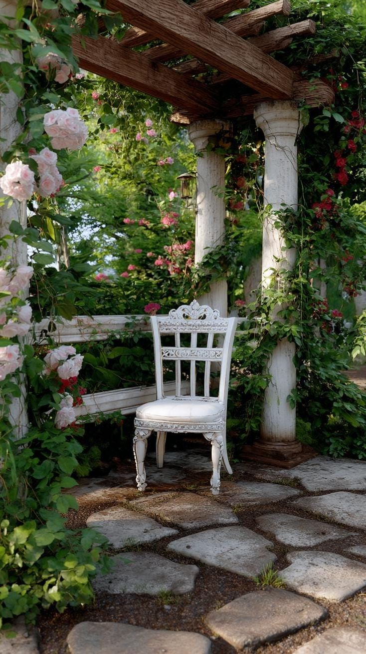 24. Secret sitting corner framed by flowering vines-2