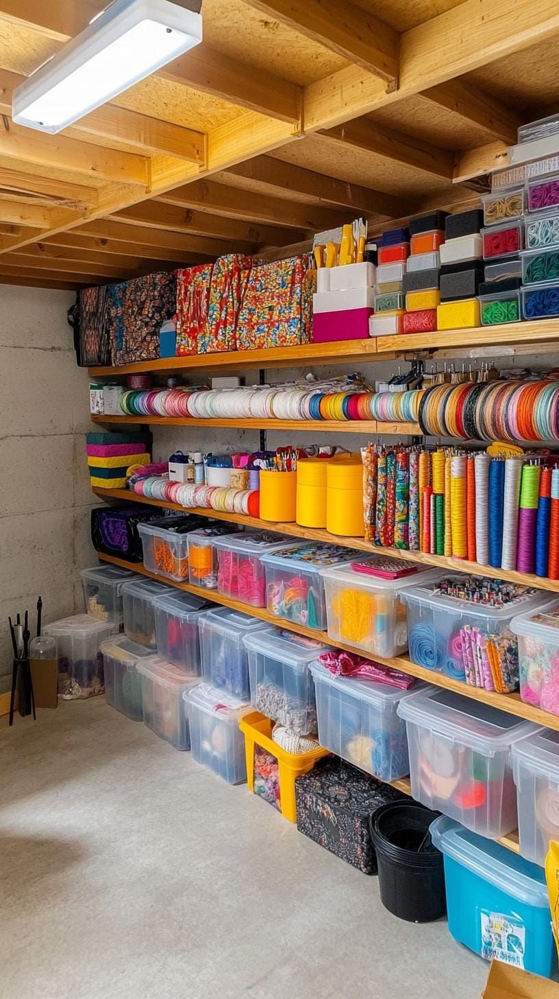 25 Craft Room Inspiring Ideas for Organization & Decor! 31 10. Basement craft room with wall-to-wall clear bins-1