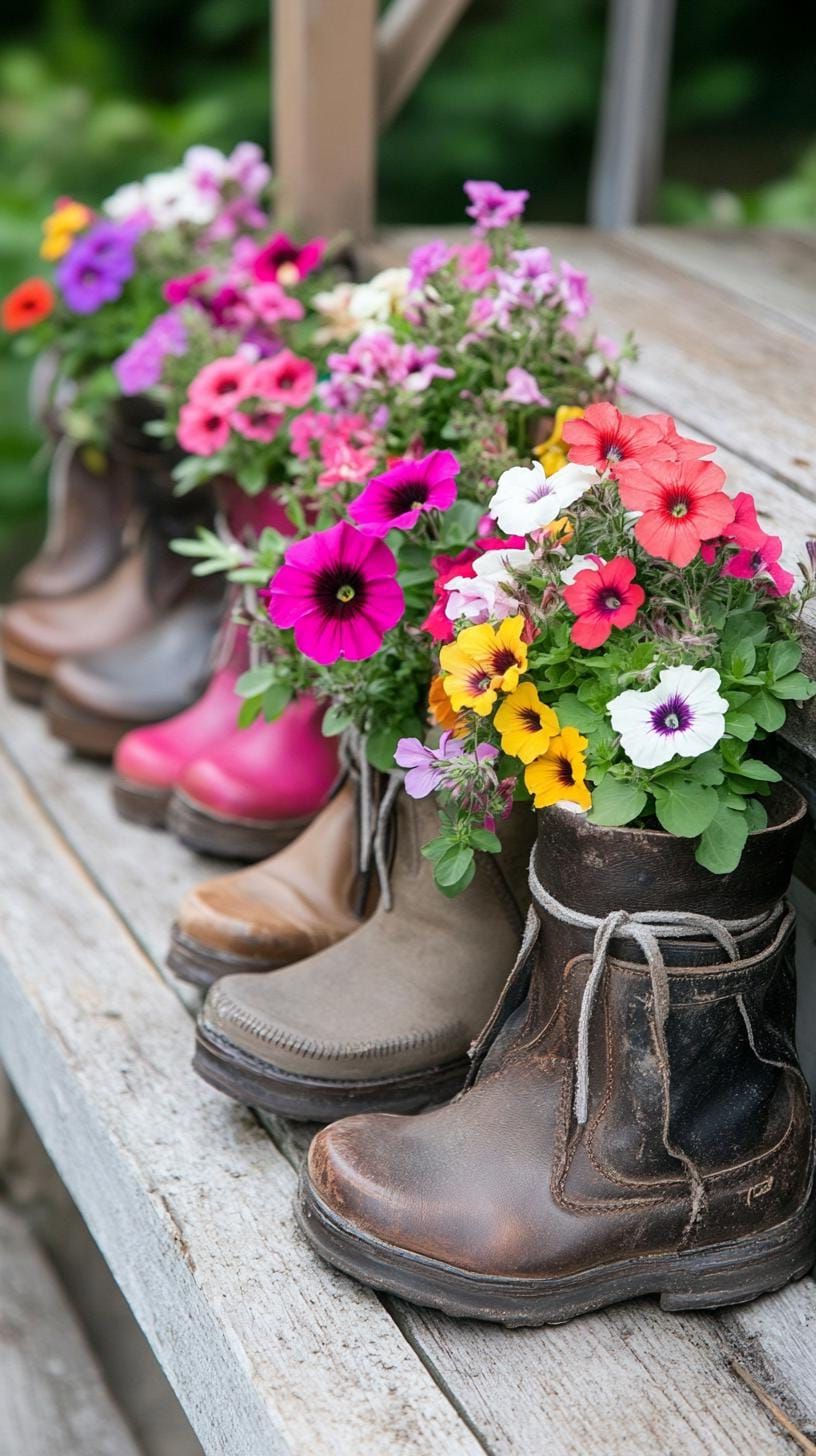 29 Charming Vintage Garden Decor Ideas: Embrace Rustic Beauty Outdoors 23 10. Worn-out boots filled with colorful petunias-0