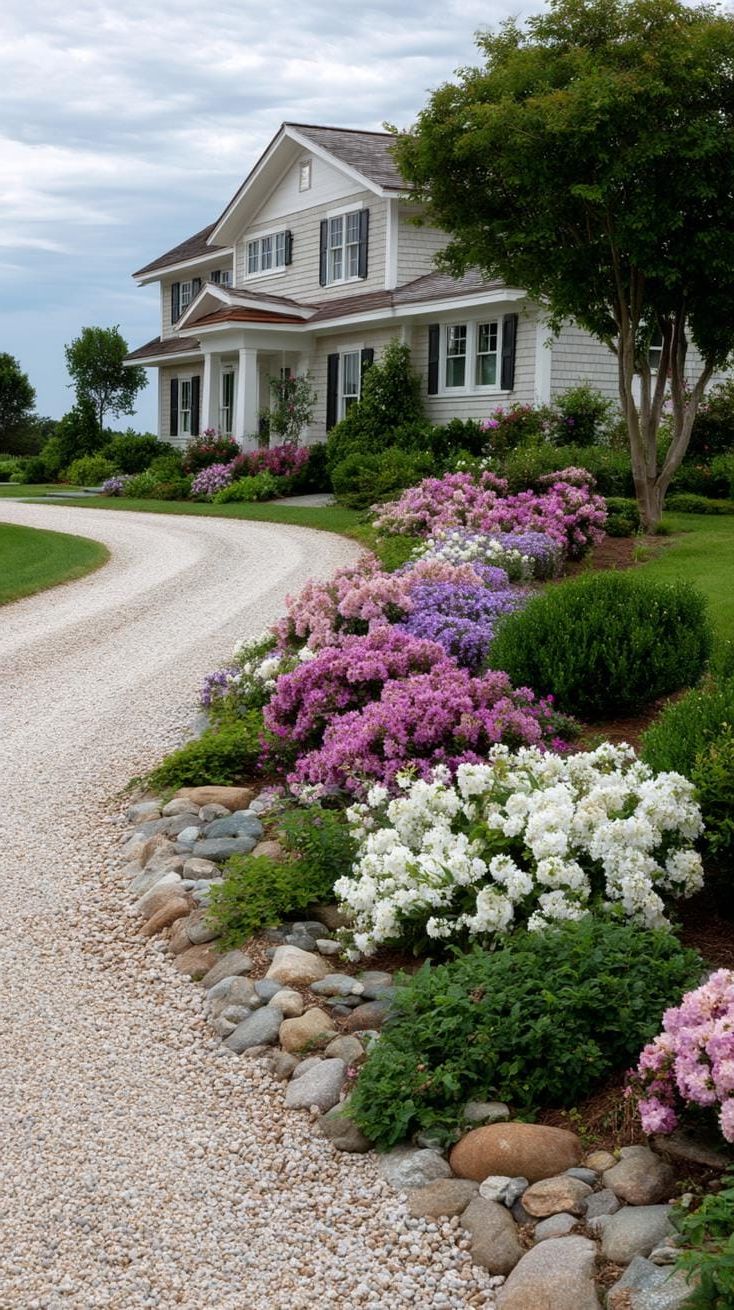 8. Flower beds spilling along crushed gravel driveway-1