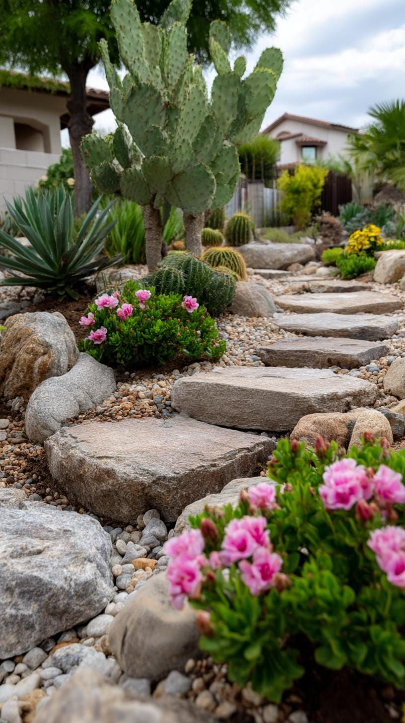 7. Flat stepping stones in lush flower clusters-1