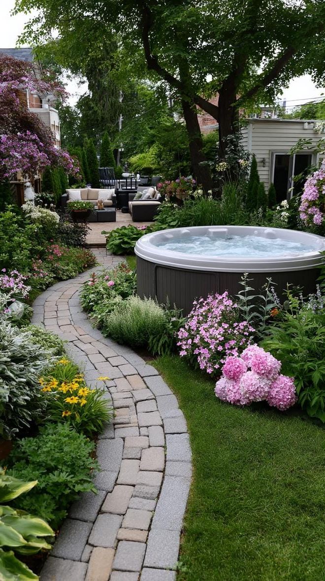 Escape to Paradise: Discover 31 Stunning Hot Tub Ideas for Your Backyard Oasis 90 29. Hot tub garden path surrounded by flowers and herbs-2