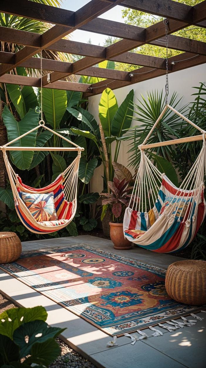 36. Bright backyard patio with colorful hammock chairs-1