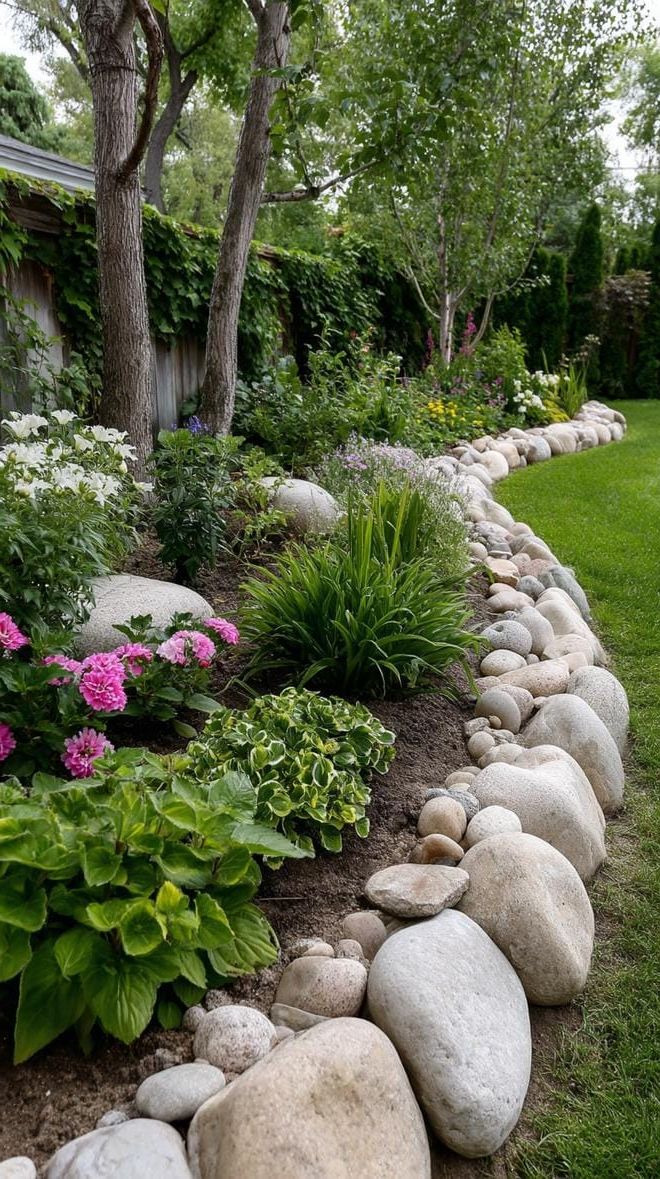 8. Curved border garden with large river rocks-1