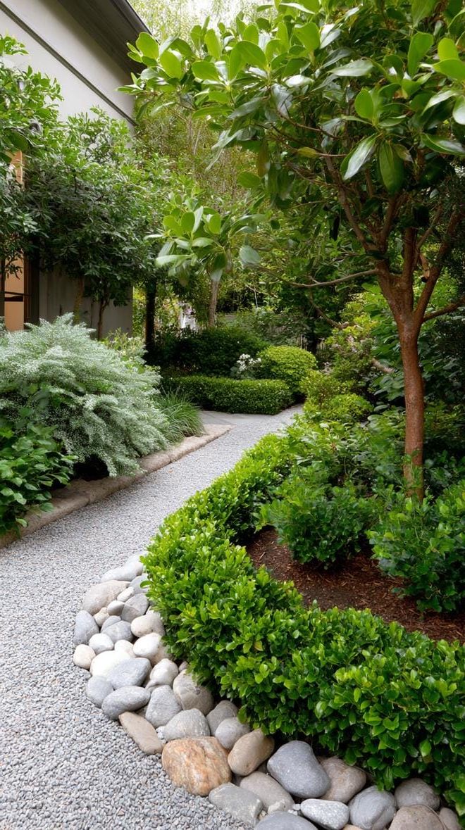 31. Dense low shrubs around pebble border curve-1