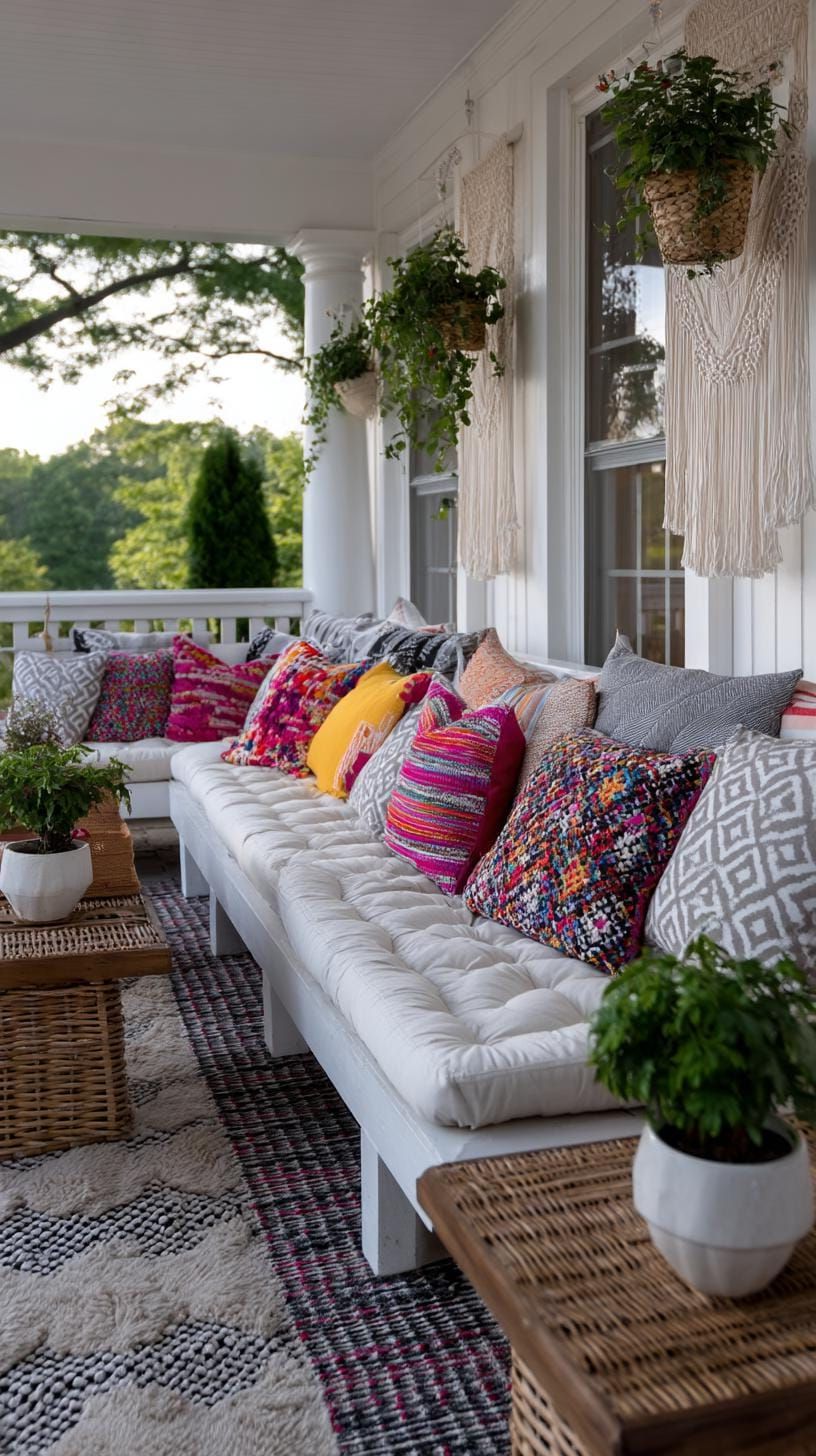7. Boho style porch with bold pillows and vintage rugs-4