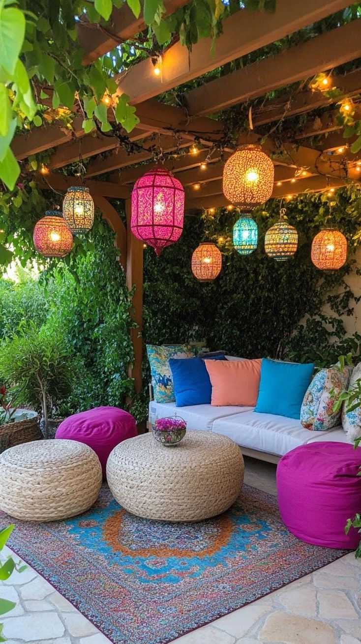 20. Pergola patio with layered hanging lanterns-2