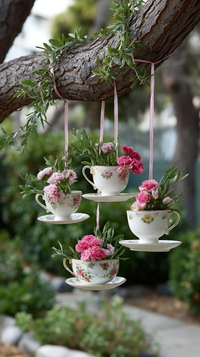 37 Magical Garden Ideas for a Whimsical Backyard 5 2. Hanging teacups used as floral planters-1