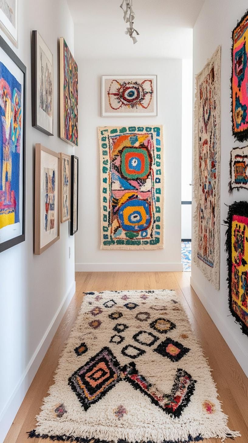 37 Gallery Wall Decor Ideas to Transform Any Room 42 14. Bohemian frame mix with bold colors textiles and mixed shapes on the wall-1