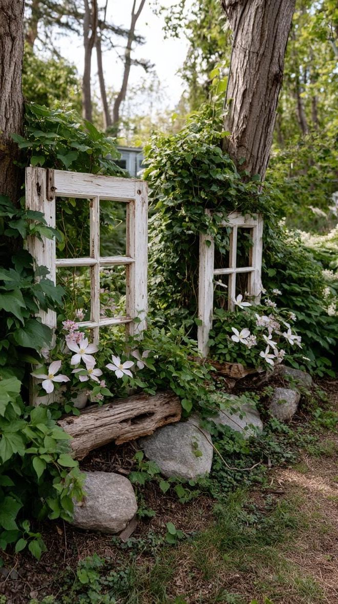 29 Charming Vintage Garden Decor Ideas: Embrace Rustic Beauty Outdoors 11 5. Repurposed window frames with climbing vines-0