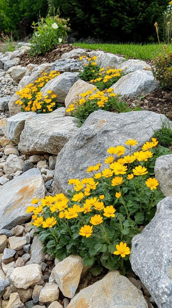 24. Rocky terrain dotted with yellow perennial blooms-1