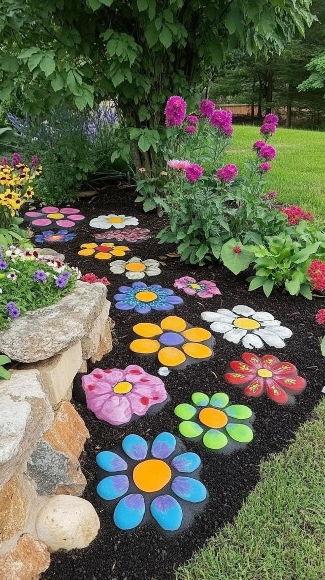 15. Bright painted rocks forming garden flowers-1