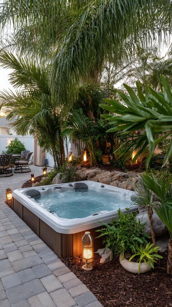 Escape to Paradise: Discover 31 Stunning Hot Tub Ideas for Your Backyard Oasis 55 17. Hot tub surrounded by tropical plants and tiki torches-0