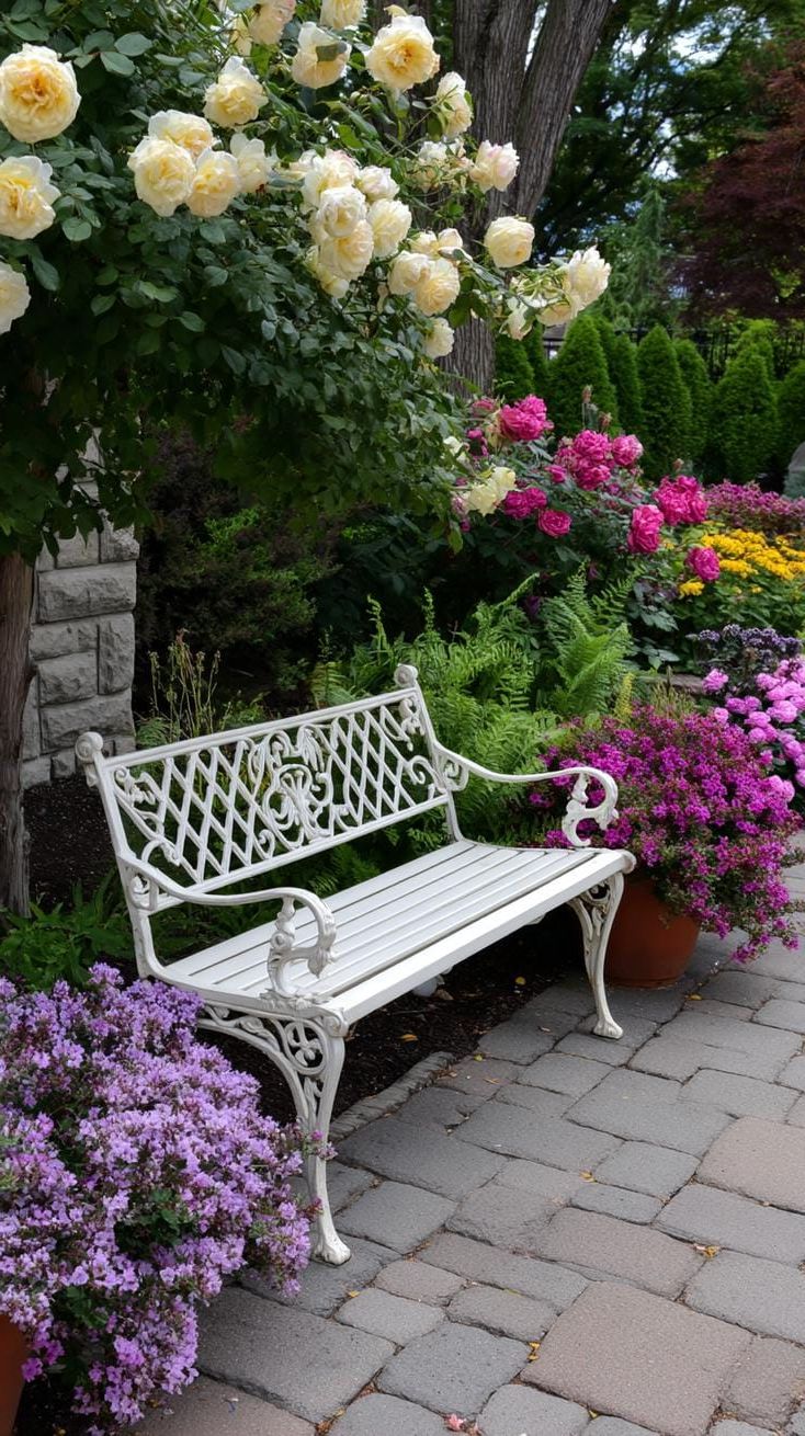 29 Charming Vintage Garden Decor Ideas: Embrace Rustic Beauty Outdoors 26 11. Iron garden bench surrounded by overflowing perennials-1