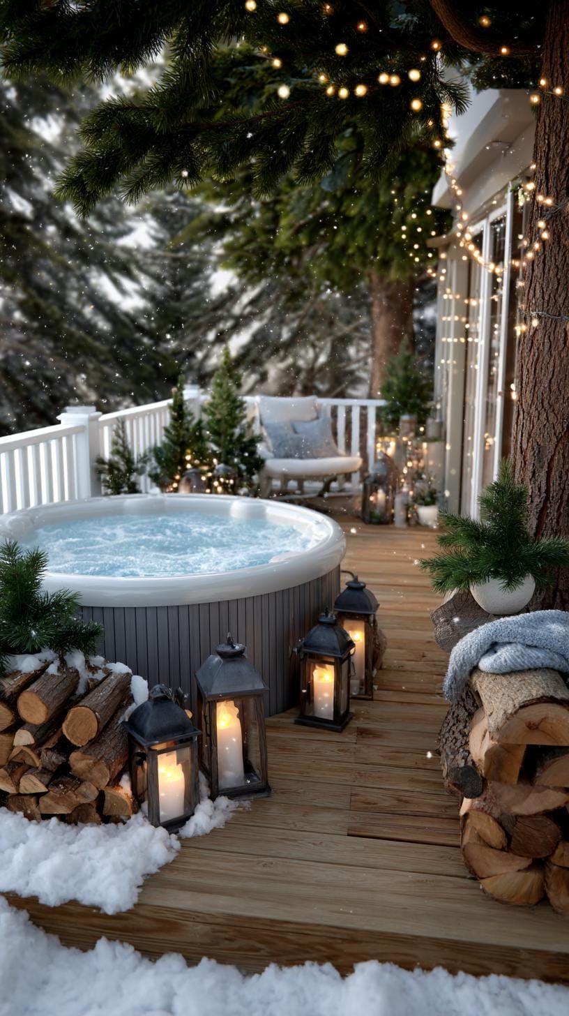 Escape to Paradise: Discover 31 Stunning Hot Tub Ideas for Your Backyard Oasis 81 26. Winter hot tub escape with snow and firewood decor-2