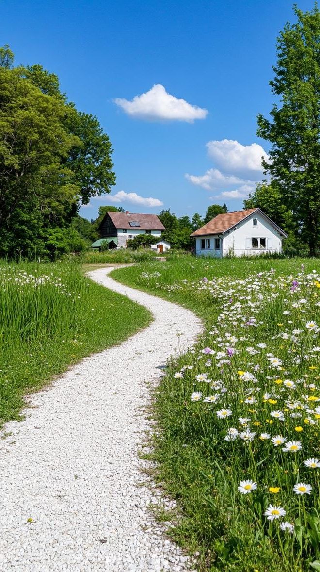 1. Gravel pathway leading to a wildflower farmhouse meadow-1