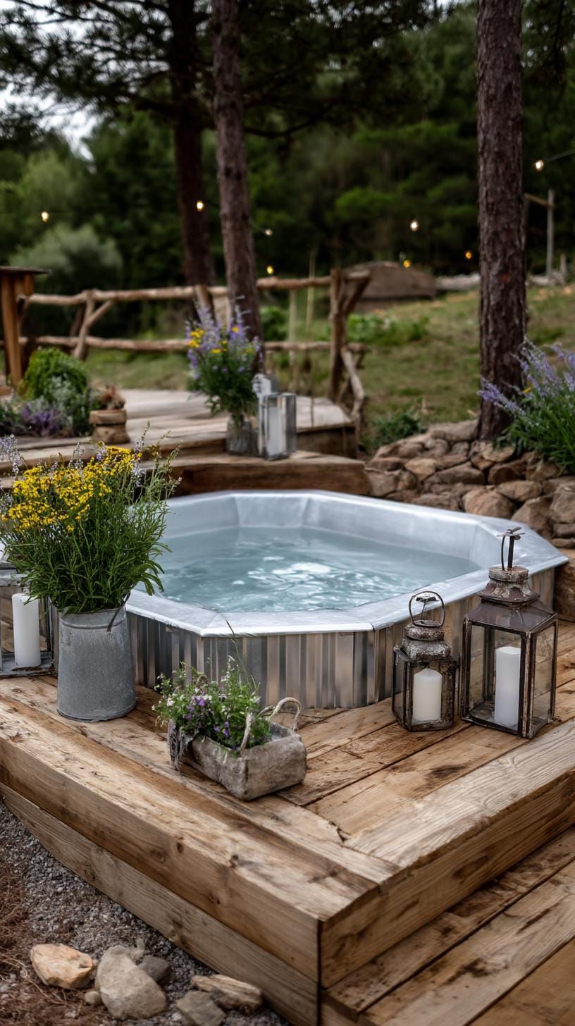 Escape to Paradise: Discover 31 Stunning Hot Tub Ideas for Your Backyard Oasis 38 12. Farmhouse-style galvanized steel hot tub-1