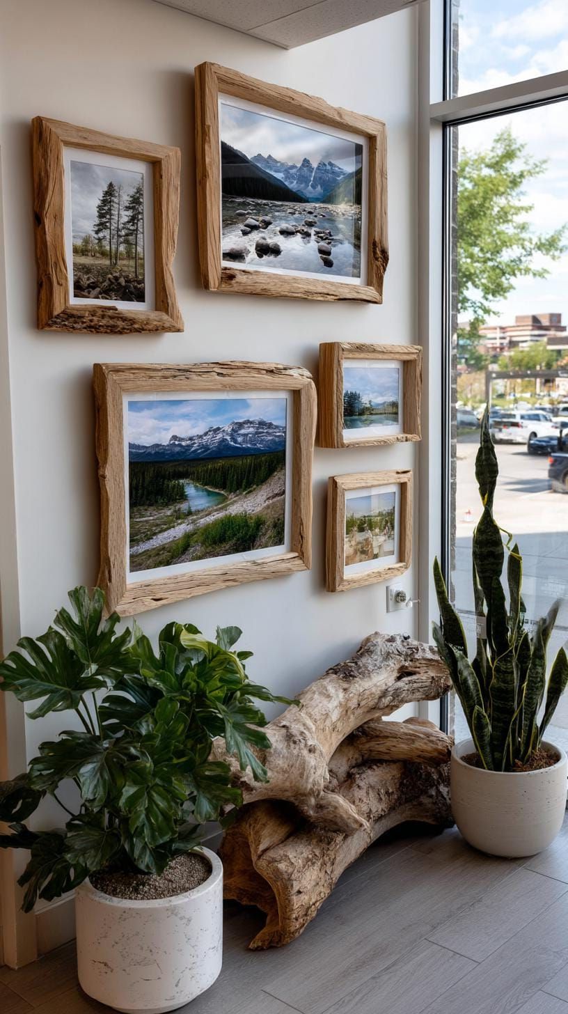 37 Gallery Wall Decor Ideas to Transform Any Room 66 22. Rustic wooden frame cluster using natural wood finishes with outdoorsy themes-1