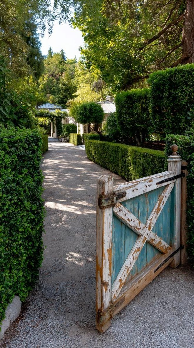 12. Weathered wooden gate surrounded by boxwoods-1