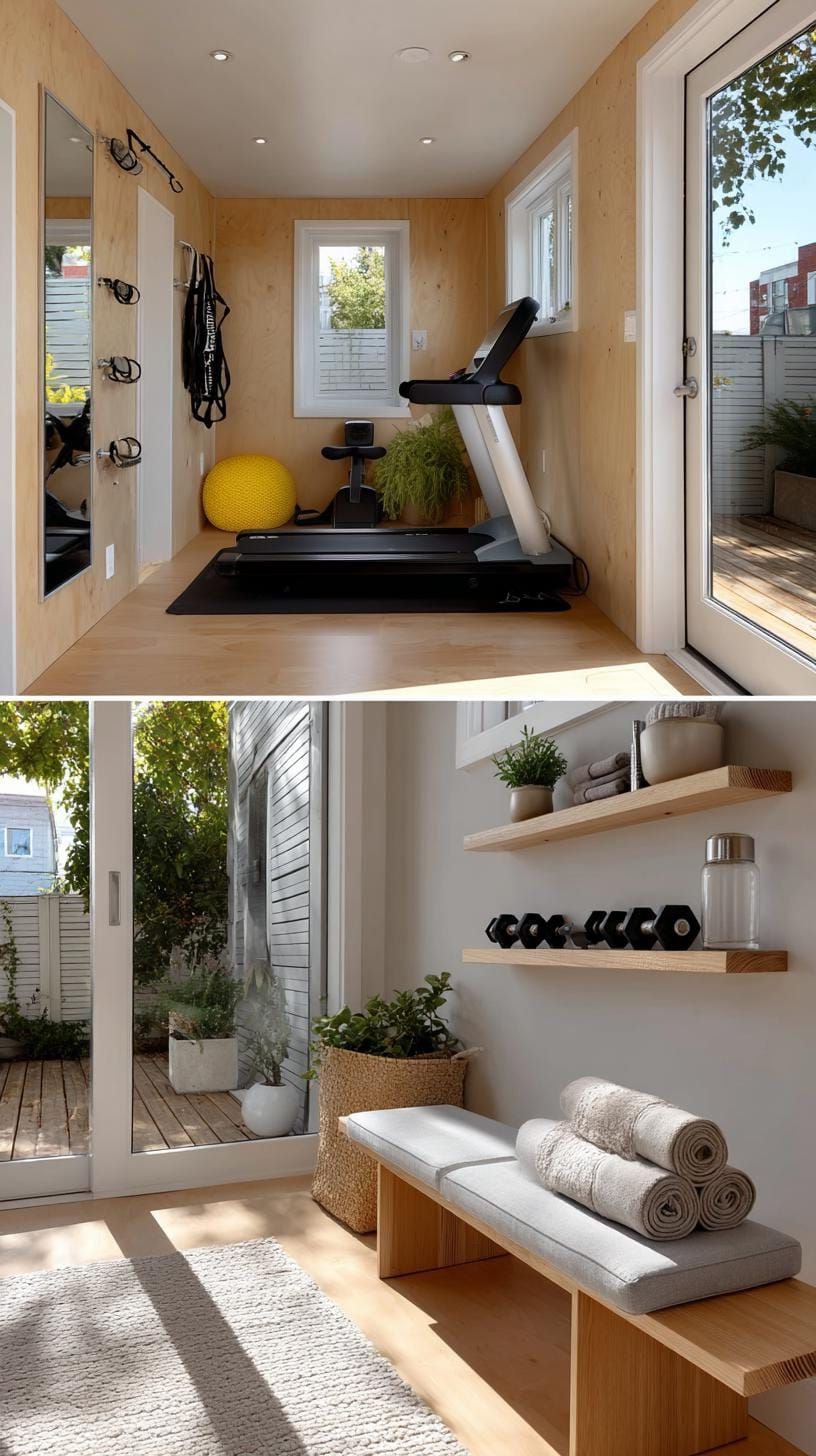 21 She Shed Interior Ideas for a Personal Backyard Retreat 42 12. Compact she shed gym with mirrors and light wood panels-1