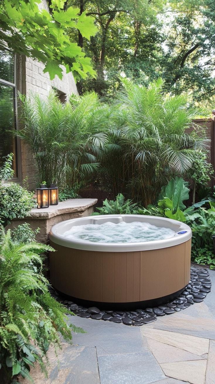 Escape to Paradise: Discover 31 Stunning Hot Tub Ideas for Your Backyard Oasis 57 17. Hot tub surrounded by tropical plants and tiki torches-2