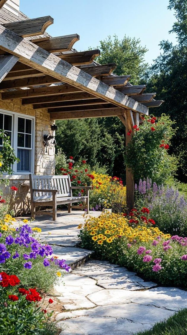 5. Rustic wood pergola over colorful farmhouse garden-2