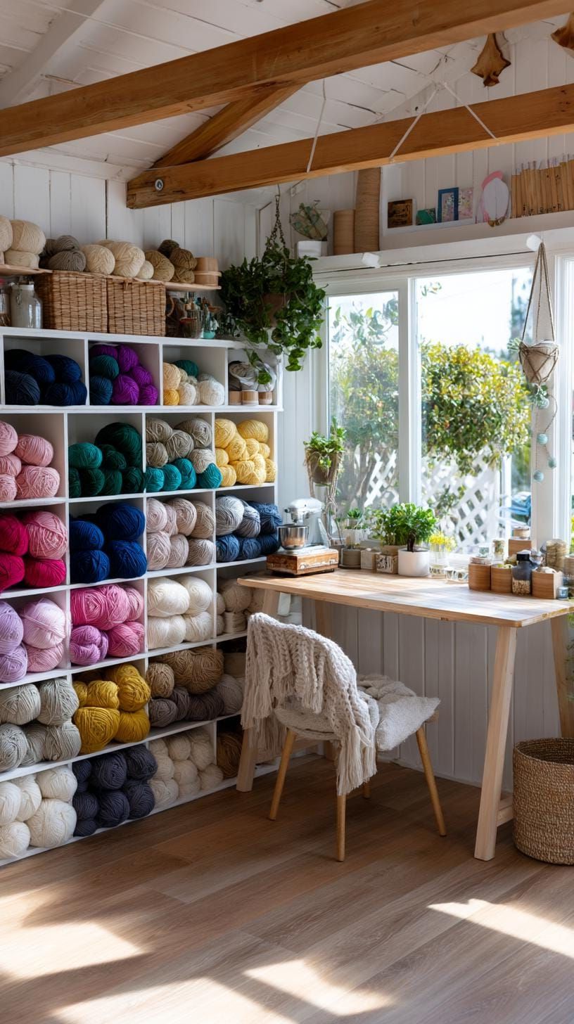 25 Craft Room Inspiring Ideas for Organization & Decor! 7 2. Built-in cubby wall filled with yarn skeins-2