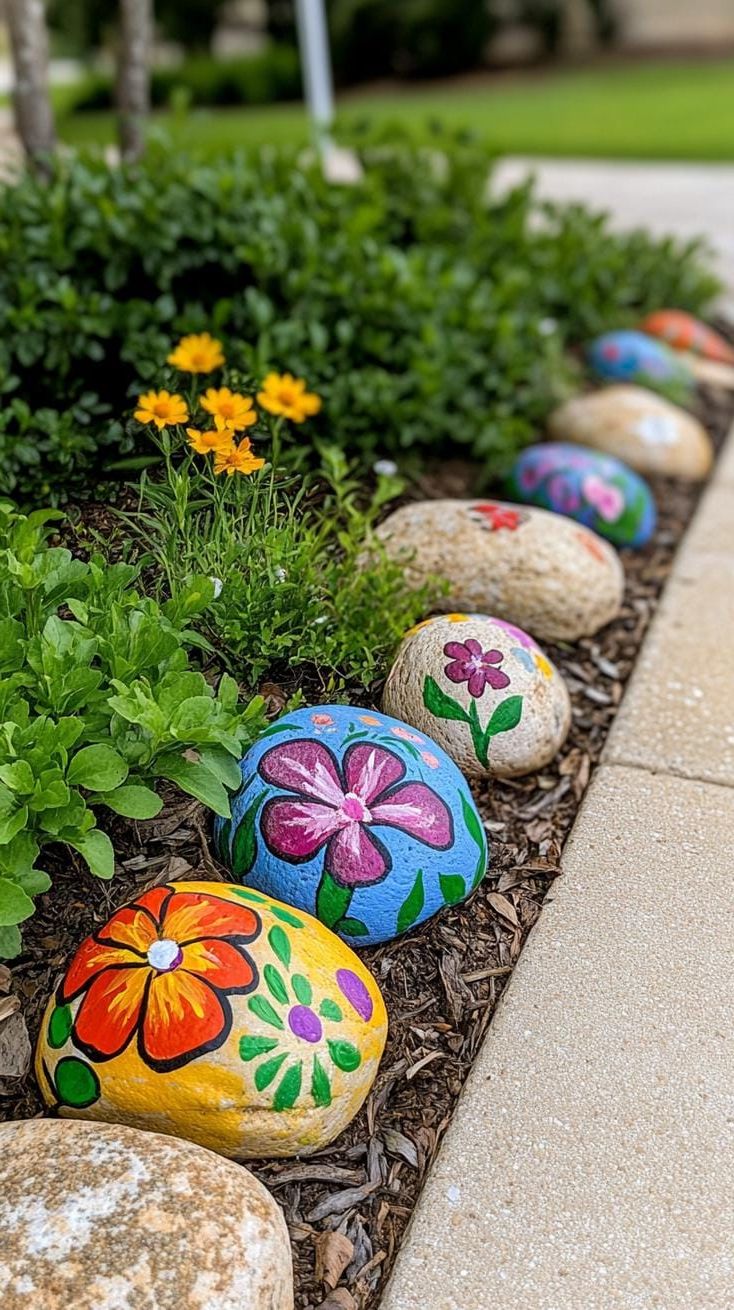 3. Painted floral rock bed border for front yard-2