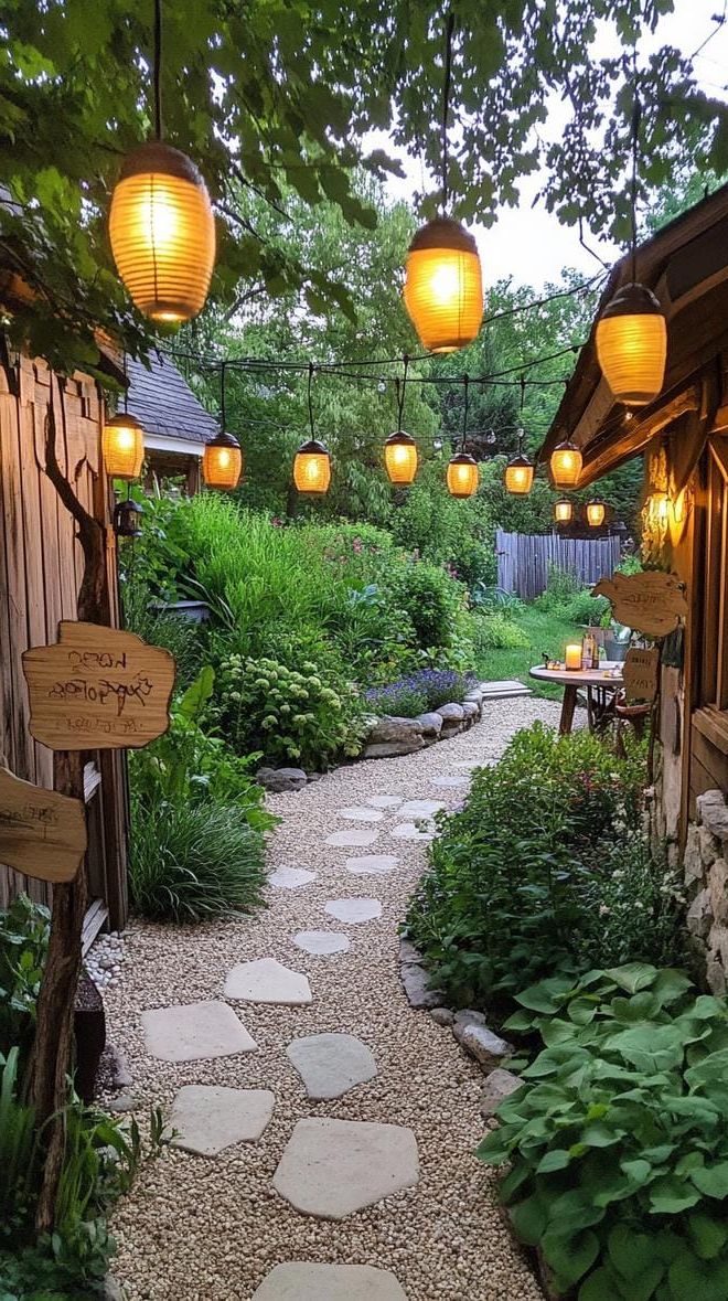 37 Magical Garden Ideas for a Whimsical Backyard 23 9. Lantern-lit backyard with wooden fairy signs-1