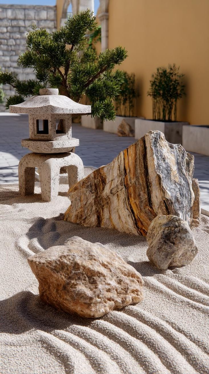 28. Zen garden with sculpted gravel and stone lanterns-2