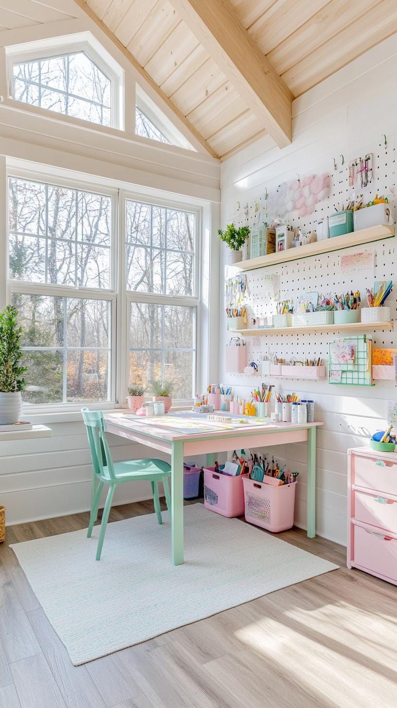 21 She Shed Interior Ideas for a Personal Backyard Retreat 7 2. Light-filled crafting shed with pastel pegboard storage-1