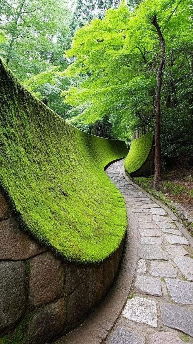10. Twisting stone path flanked by moss walls-2