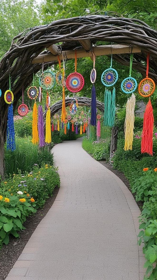 37 Magical Garden Ideas for a Whimsical Backyard 82 31. Twisted vine arbor with dreamcatchers hanging-2