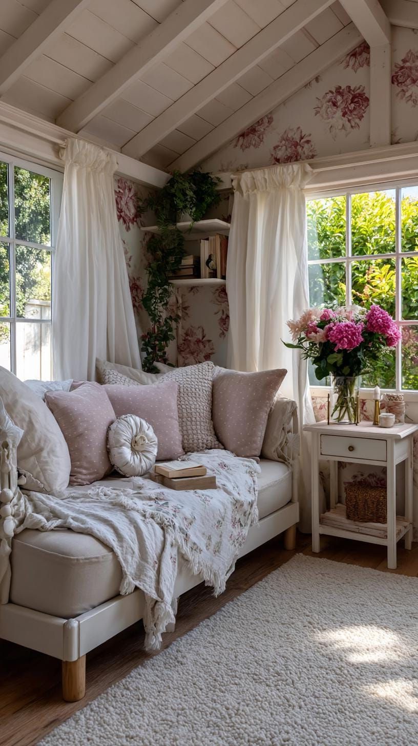 21 She Shed Interior Ideas for a Personal Backyard Retreat 38 11. Cottage-style shed with floral wallpaper and cozy daybed-0