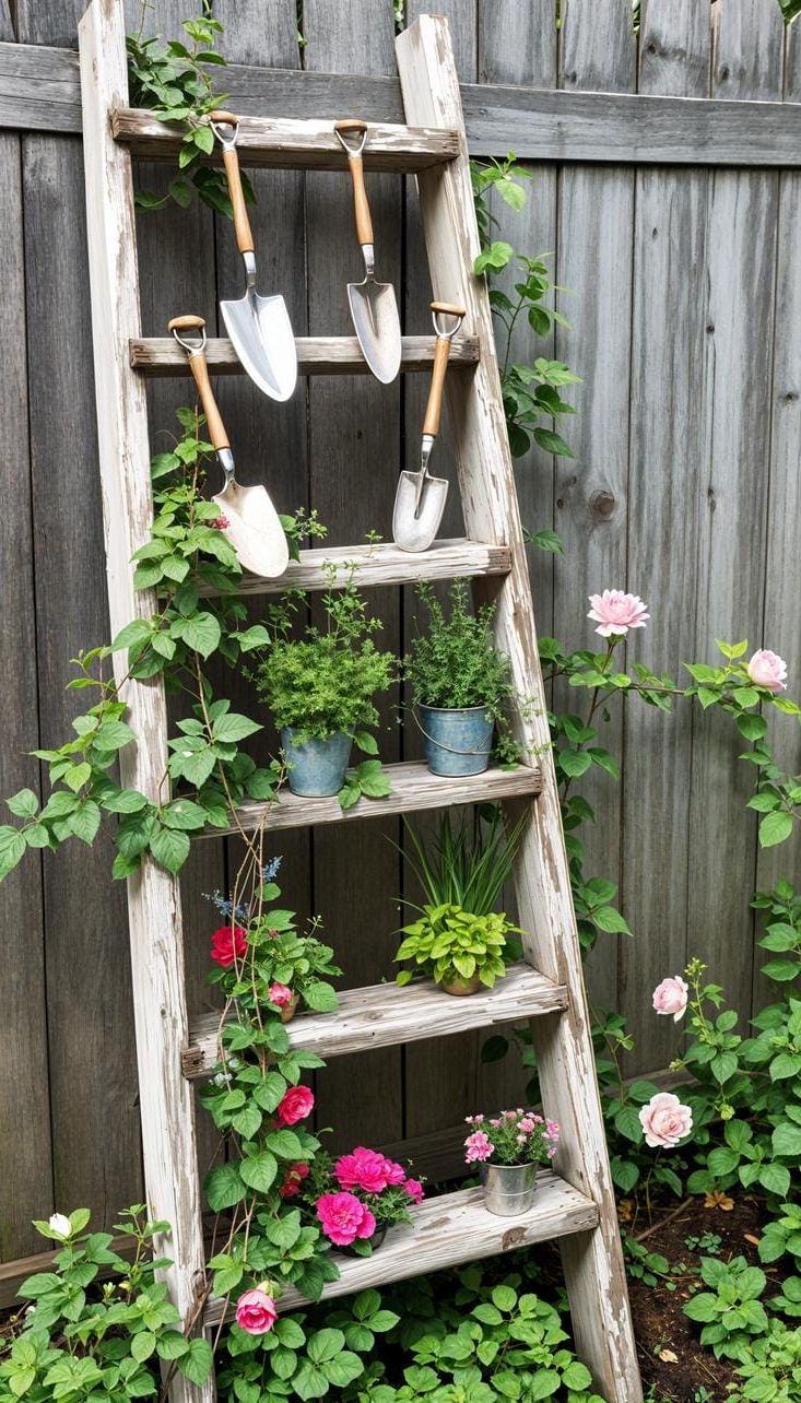29 Charming Vintage Garden Decor Ideas: Embrace Rustic Beauty Outdoors 7 3. Distressed wooden ladder decorated with garden tools-1