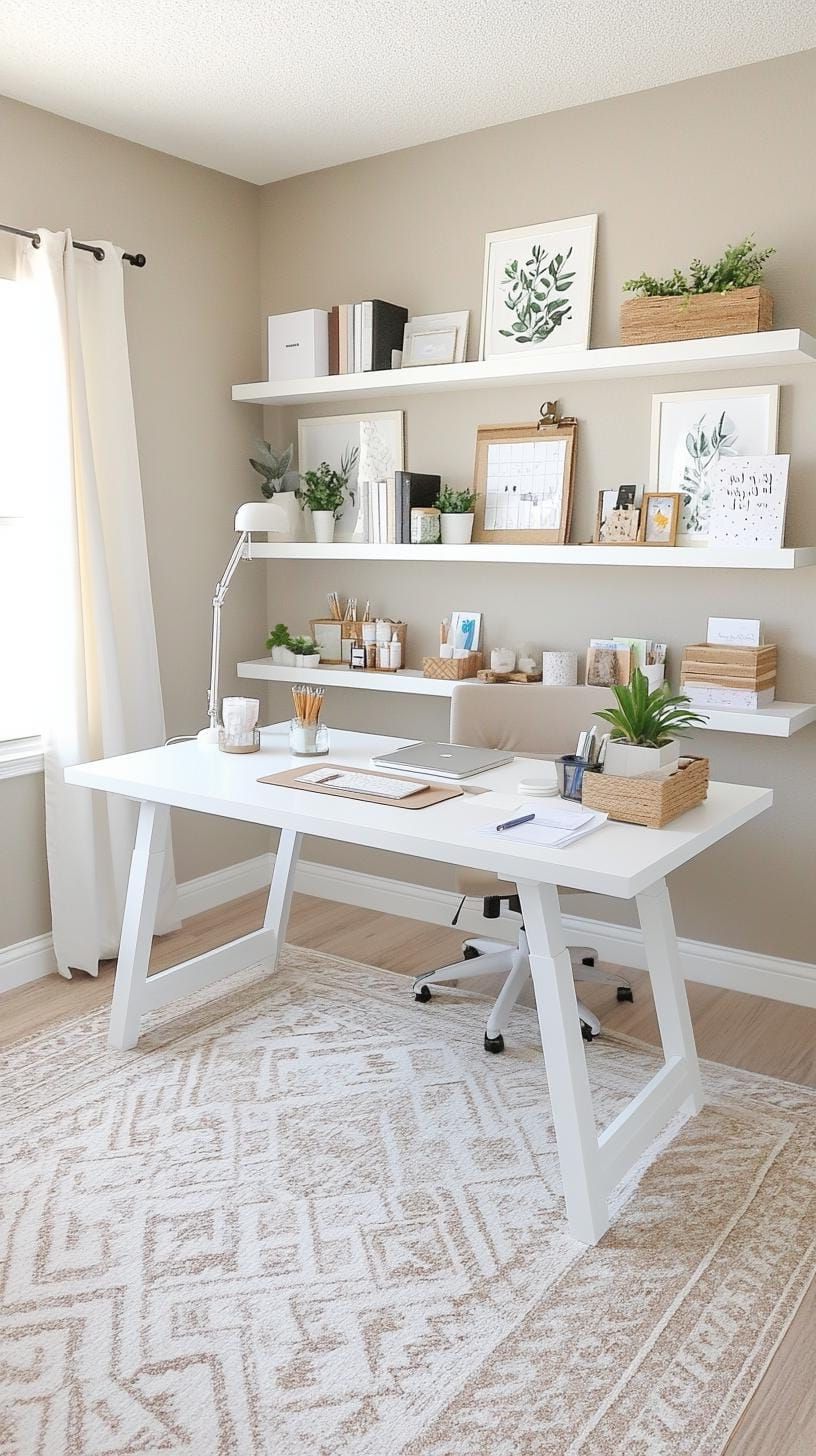 25 Craft Room Inspiring Ideas for Organization & Decor! 36 12. Office-craft room combo with floating white shelves-1