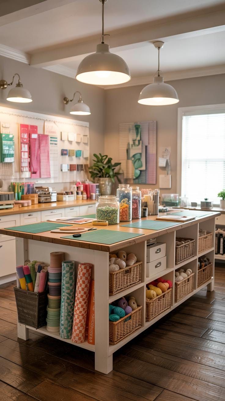 25 Craft Room Inspiring Ideas for Organization & Decor! 8 3. Craft room with central island and storage cubbies-0