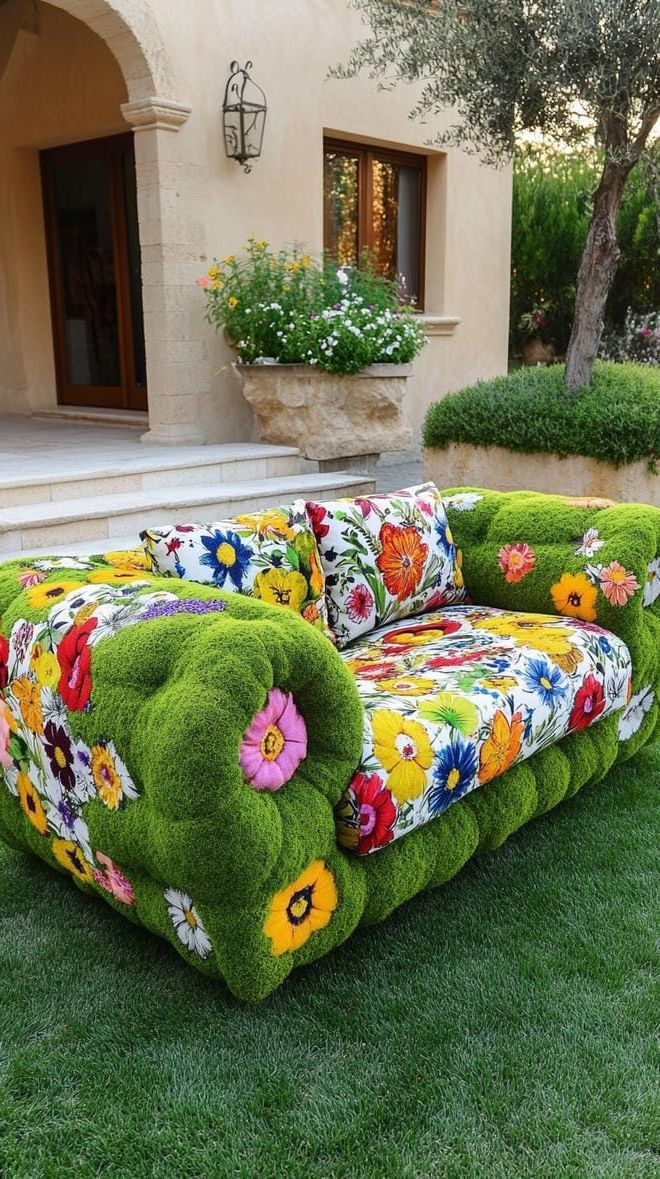37 Magical Garden Ideas for a Whimsical Backyard 46 18. DIY moss sofa with blooming cushions-1