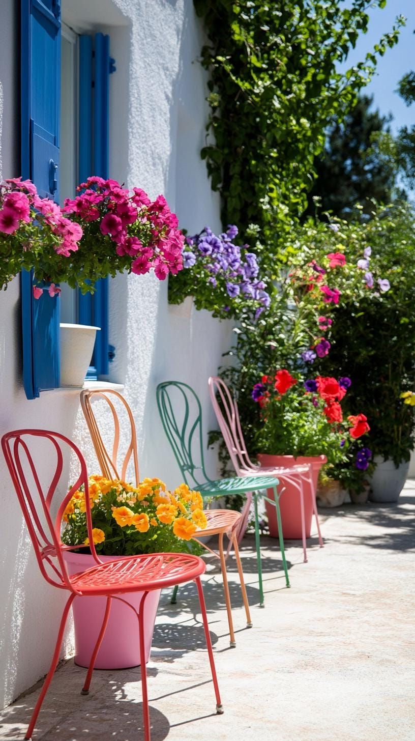 29 Charming Vintage Garden Decor Ideas: Embrace Rustic Beauty Outdoors 61 28. Painted metal chairs with potted blooms on seat-1