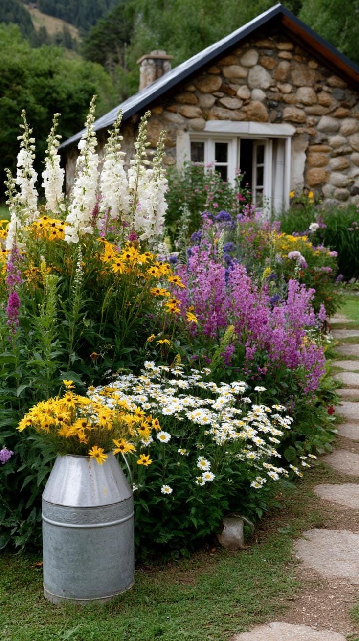 29 Charming Vintage Garden Decor Ideas: Embrace Rustic Beauty Outdoors 56 26. Antique milk can with tall wildflowers-1