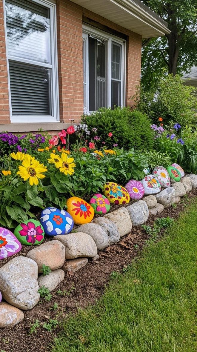 3. Painted floral rock bed border for front yard-0