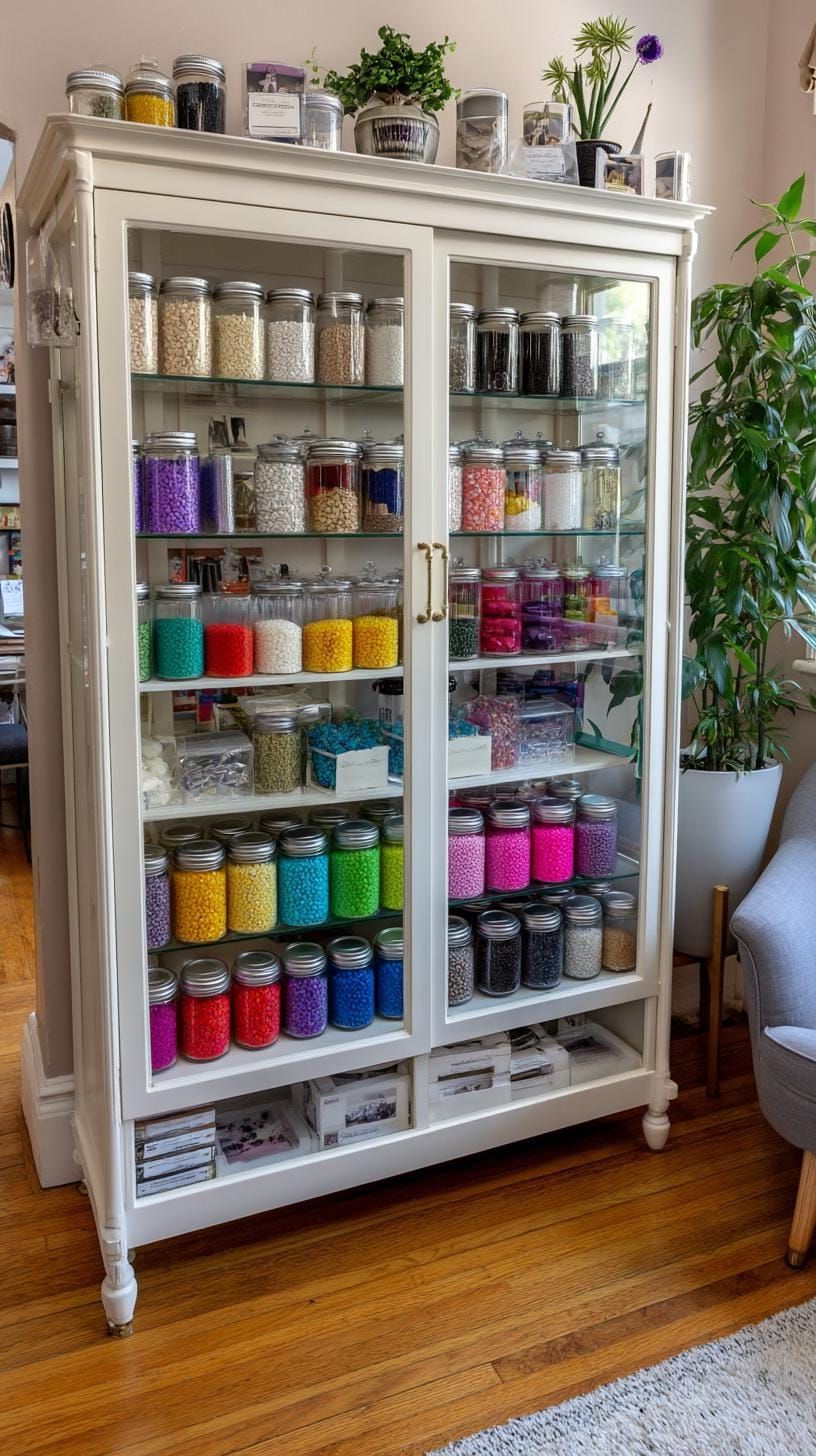 25 Craft Room Inspiring Ideas for Organization & Decor! 53 20. Glass-door cabinet displaying jars of colorful buttons-0