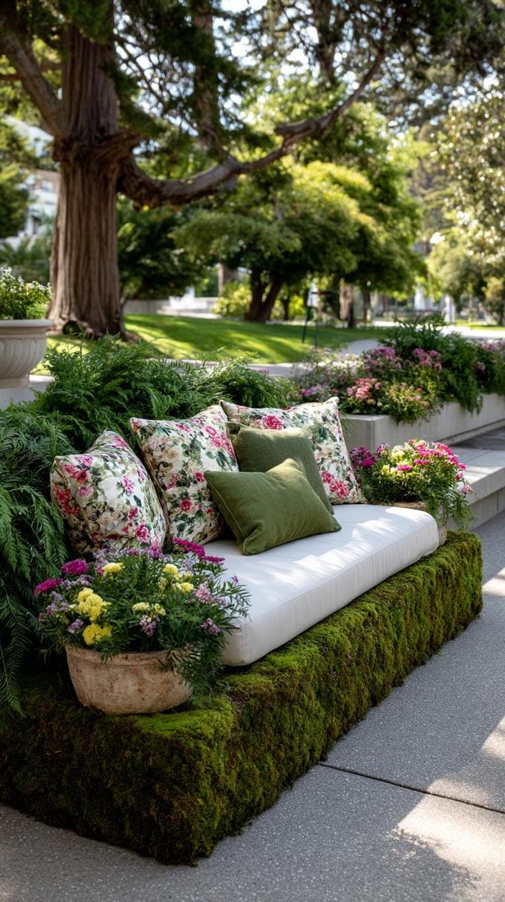 37 Magical Garden Ideas for a Whimsical Backyard 45 18. DIY moss sofa with blooming cushions-0