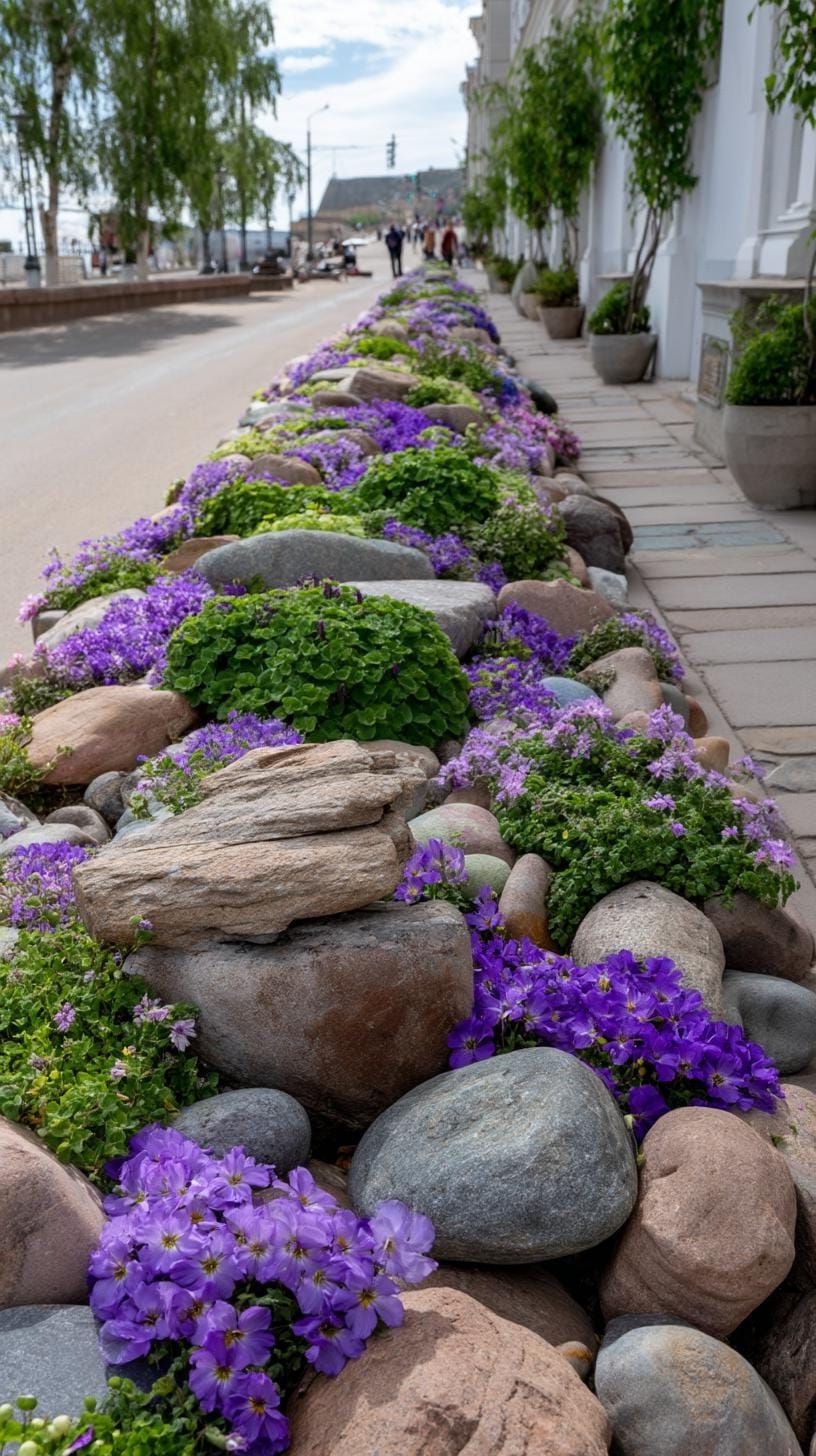 20. Mixed stone and purple flower garden strip-0