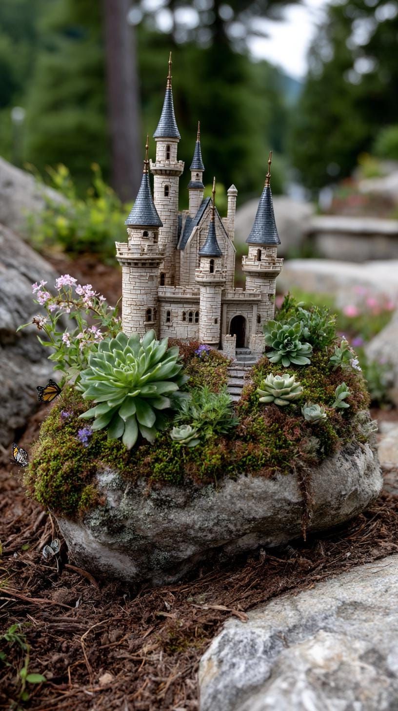 37 Magical Garden Ideas for a Whimsical Backyard 87 34. Miniature castle nestled in moss bed-0