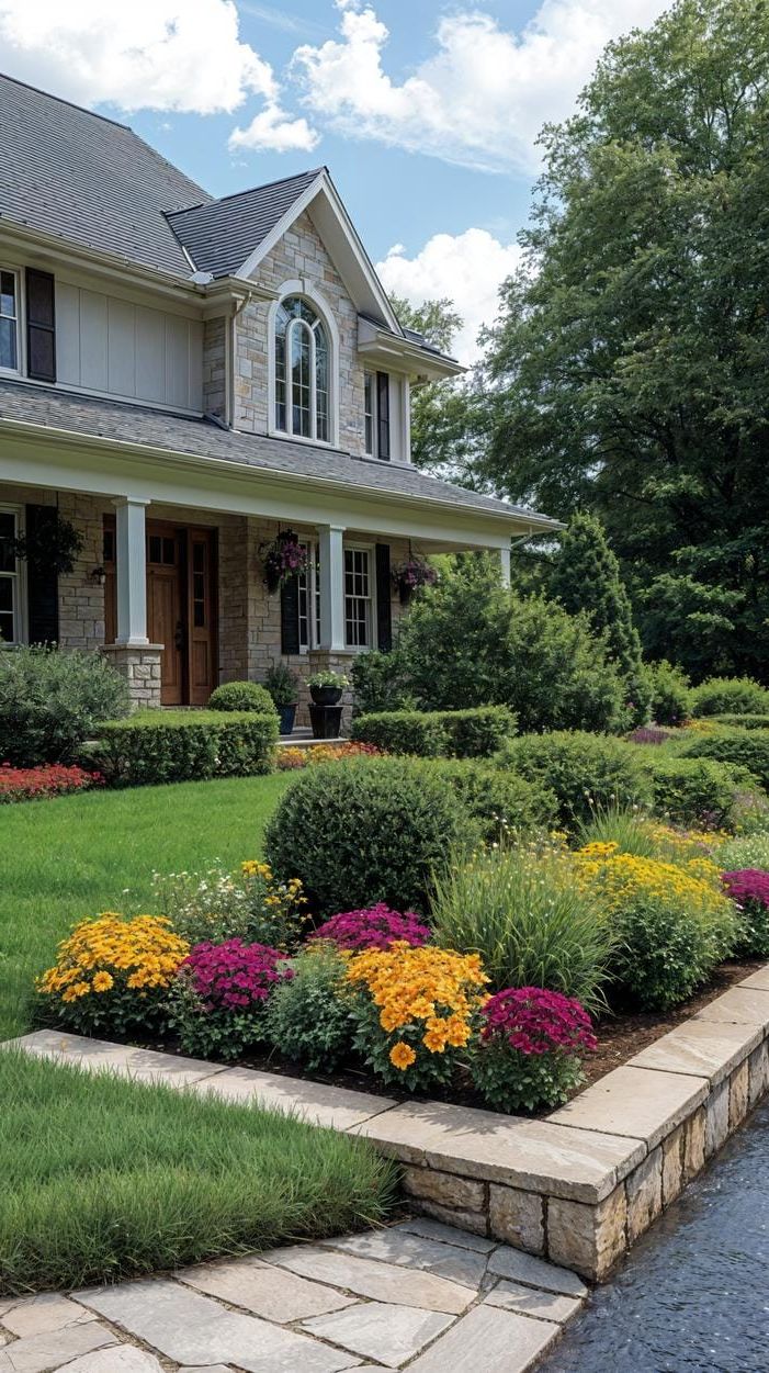 24. Neatly trimmed farmhouse hedges with low box planters-2