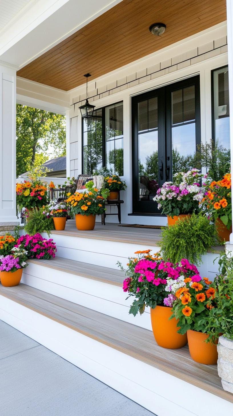13. Modern farmhouse porch with layered potted plants-1