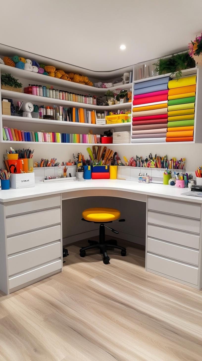 25 Craft Room Inspiring Ideas for Organization & Decor! 27 9. Corner craft room with drawers and vertical tool grid-1