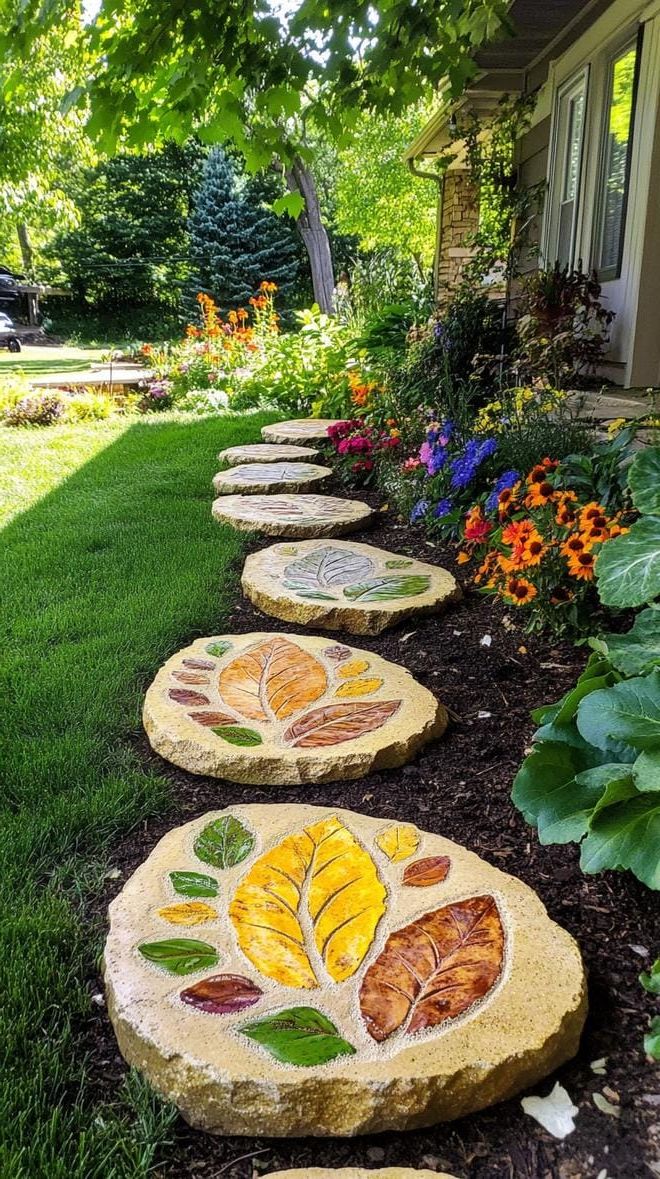 37 Magical Garden Ideas for a Whimsical Backyard 93 36. DIY leaf print stepping stones-1