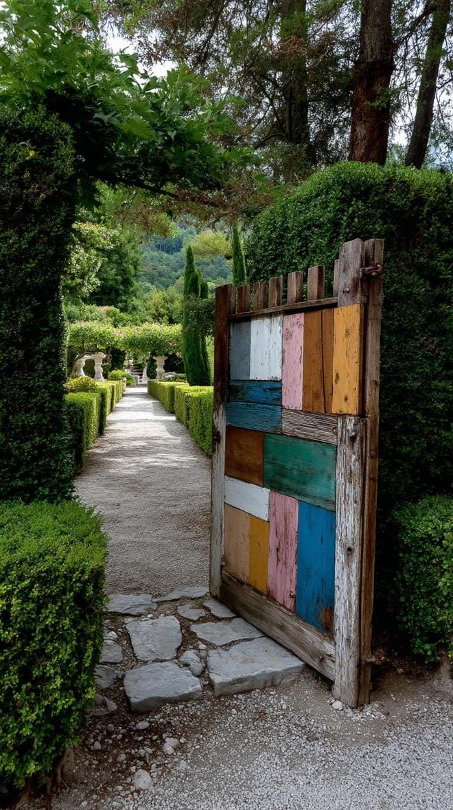 12. Weathered wooden gate surrounded by boxwoods-2